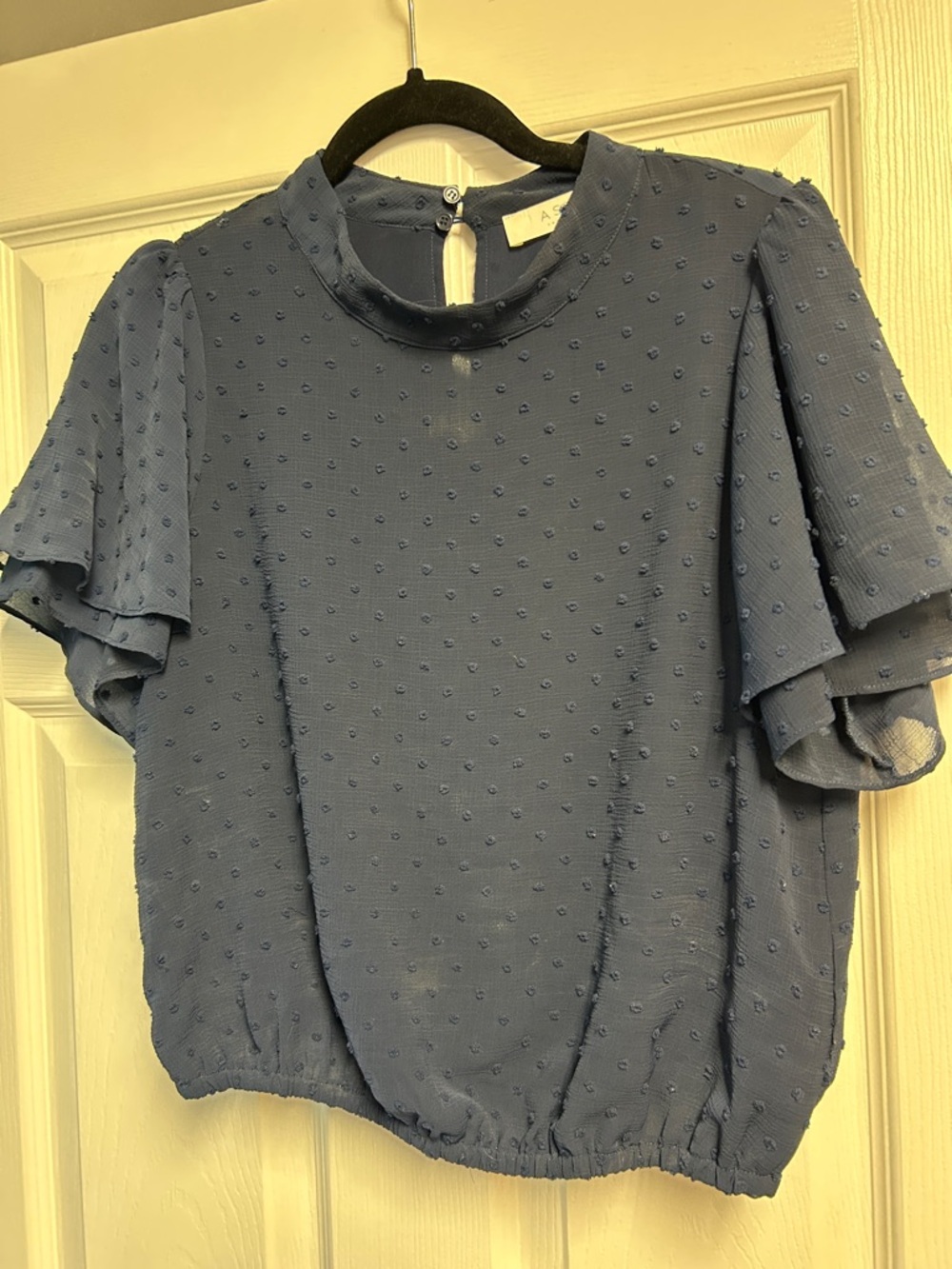 Astr Textured Slate Blue Swiss Dot Flutter Sleeve Blouse